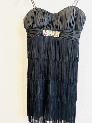 La Femme Flapper Fringe Tassels Dress Sz S Black Strapless Rhinestone Costume - Picture 7 of 13