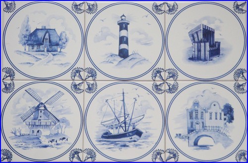 Fliesen Delfter Art,6er Set 15x15 Segelschiff Leuchtturm, Windmühle, Strandkorb - Bild 1 von 2