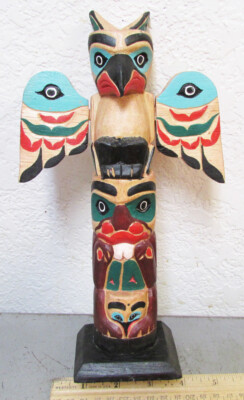 Tribal Totem Pole hand carved wood 10 inch RAVEN & BEAVER hand painted w/ wings