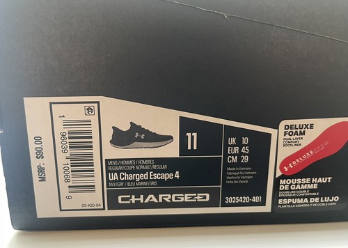 Under Armour Charged Escape 4 Running Shoes-NWB-Men Size 11 Navy Blue - Picture 2 of 2