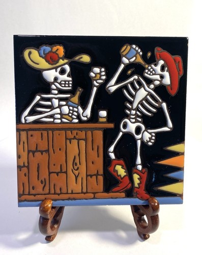 Earthtones Tile Sugar Skull Day Of The Dead at the Bar Ceramic Folk Art - Picture 1 of 3