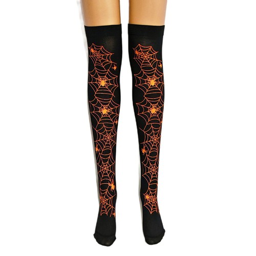 Cosplay Over The Knee Socks Halloween Skull Head Spider Web Print Hosiery 1 Pair - Picture 16 of 25