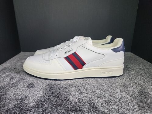 POLO RALPH LAUREN COURT LOW Size 12 Striped Leather Shoes Sneakers Off-White - Picture 4 of 16