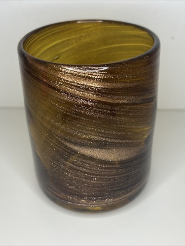 Hand Blown Art Glass 12 oz Amber & Gold Swirl Drinking Glass - Picture 3 of 7