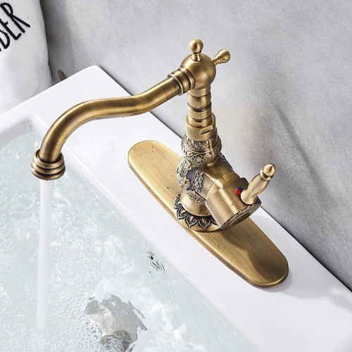 Antique Brass Bathroom Sink Faucet Swivel Spout Single Handle Mixer Tap w/ Drain - Picture 4 of 9