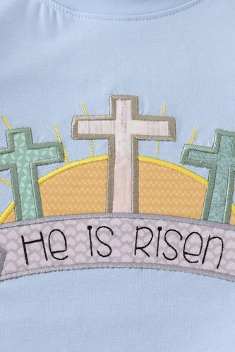 Boy's Boutique Blue Easter Cross He Is Risen Applique Gingham 2 Piece Outfit Set - Picture 4 of 8