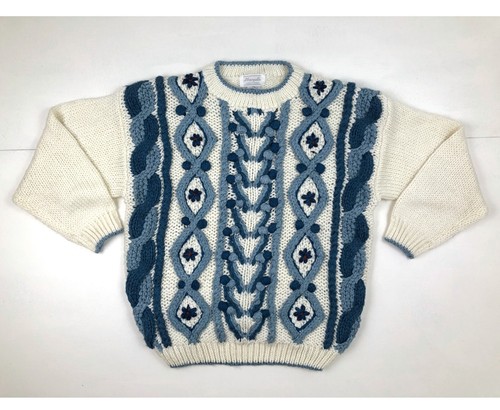 Vintage Blue White Sweater 1970s Textured Pom Pom Flowers Crew Neck Size Medium