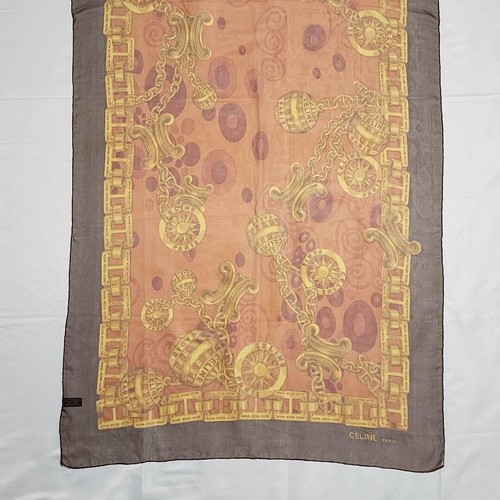 CELINE Stole silk Chiffon Triomphe chain orange Size 60.6inx25.5in Used in Japan - Picture 2 of 9