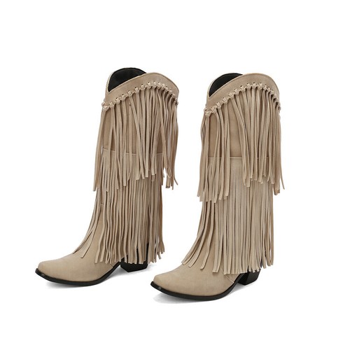 Womens Knee High Boots Mid Chunky Block Heels Tassels Western Riding Boot Autumn - Imagen 8 de 29