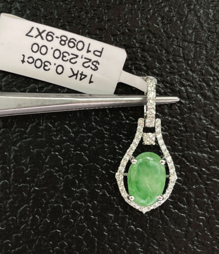 14k Solid White Gold Natural Diamond 0.30 Ct Pendant, Natural Jade. Was $2230 - Picture 4 of 6