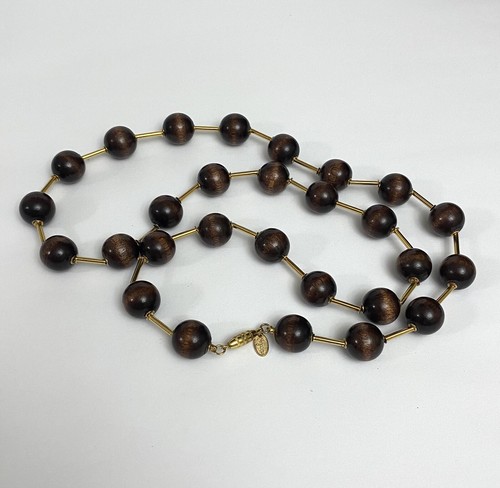Vintage Long Vendome Necklace Wooden Beads With Gold Tone Metal Spacers 33 1/2” - Picture 5 of 5