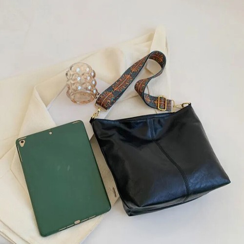 Ladies Cross Body Bucket Bag Fashion Leather Wide Strap Women Shoulder Vintage - Picture 4 of 9