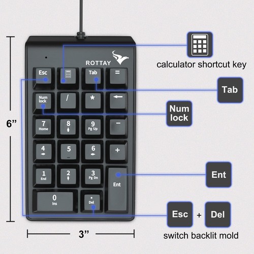Number Pad Mechanical USB Wired Numeric Keypad w/ Blue LED Backlit 22 Key Numpad - Picture 6 of 6
