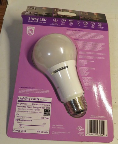 Philips 3 Way LED A21 Soft White Bulb 620/1600/2150 Lumens 50/100/150W New Seale - Picture 8 of 13