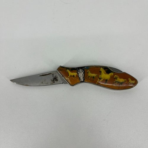 Vintage Wild Horses Folding Pocket Knife Single Blade Stainless Steel Orange - Picture 1 of 7