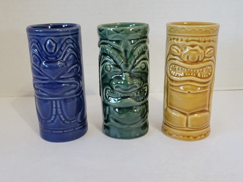 2001 Accoutrements Ceramic Tiki Mugs Hawaiian Bar Ware Tumblers Luau - Lot of 3 - Picture 3 of 11