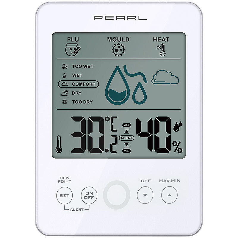 PEARL Digital-Hygro-Thermometer mit Schimmel-Alarm Komfort-Anzeige, weiß