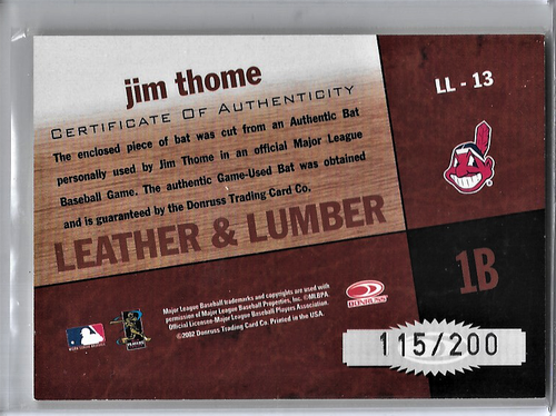 Jim Thome 2002 Donruss Authentic Game Used Bat Card 115 of 200 - Bild 2 von 4