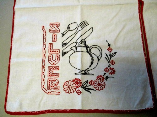 2~VINTAGE WHITE LINEN TOWELS RED&BLACK EMBROIDERED"SILVER"WARE&TEA POT~FLOWERS - Picture 3 of 8