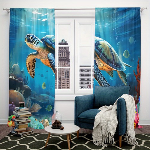 2Pcs Sea Turtle Sea Grass Window Curtains Drapes Bedroom Living Room Kitchen - Picture 11 of 24