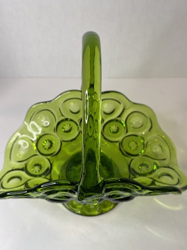 Moon & Stars LE Smith Apple Green Art Glass Pedestal Basket Candy Dish Vtg - Picture 4 of 9
