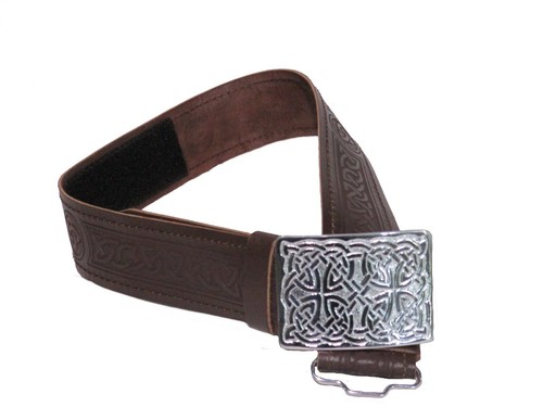 Leather Celtic Design Kilt Belt Black Scottish Chrome Finish Buckle Brown - Picture 36 of 38