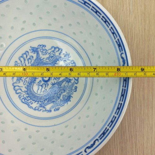 Vintage Chinese Rice Pattern Dragon Dinner Set Serving Plates 6 Bowls White Blue - Picture 6 of 14