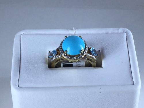 Size 8 Sleeping Beauty Turquoise & Electric Blue Topaz Ring 14K YG Overlay 925 - Picture 5 of 6