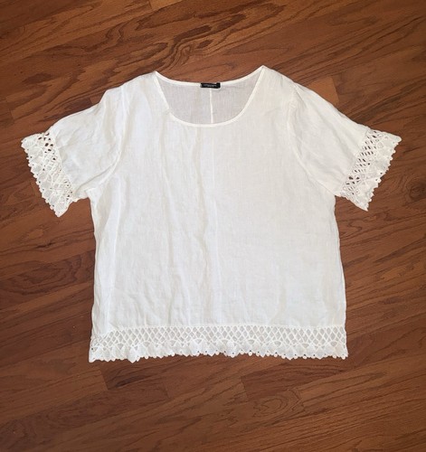 LUNGO L’ARGO Top Women’s Linen Italy Blouse Shirt Lagenlook Crochet Lace Size 2X