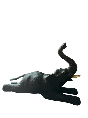 Vintage black Leather Elephant 15” Tall Statue  Elephant Lying Down Figurine - Picture 1 of 9