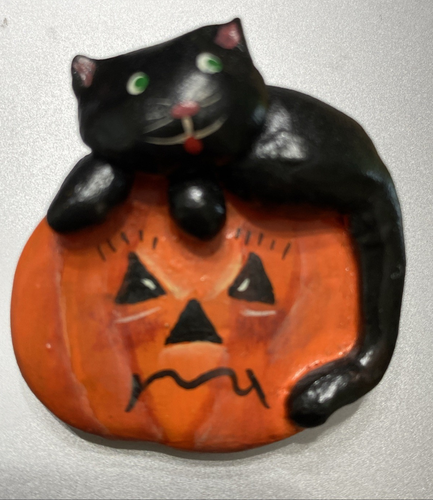 Handgefertigte Ton Handwerk Halloween orange Kürbis schwarze Katze Anstecknadel Brosche