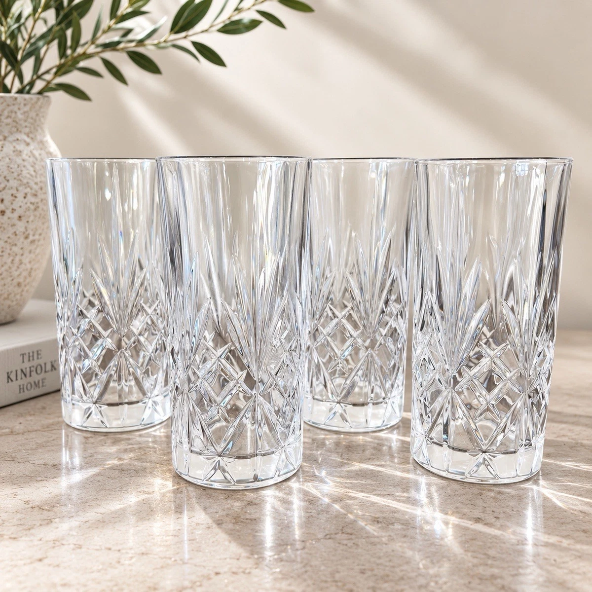Set 4 Cut Crystal Highball Glasses Diamond Starburst Tumbler Barware Vintage