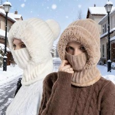 Women Winter Knitted Balaclava Hood Hat Warm Fleece Lined Face Mask Pom Pom Bean