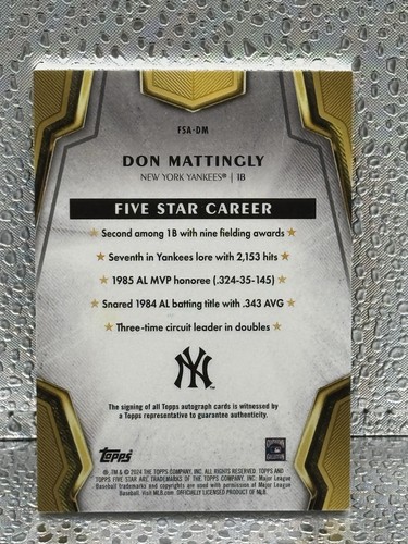 Don Mattingly Auto 2024 Topps Five Star Autograph #FSA-DM Yankees /25 - Picture 2 of 6