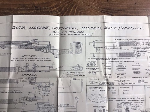 WW2 .303 Hotchkiss machine gun Mk1 & 2 - Vintage Technical Drawing / Print - Imagen 2 de 3