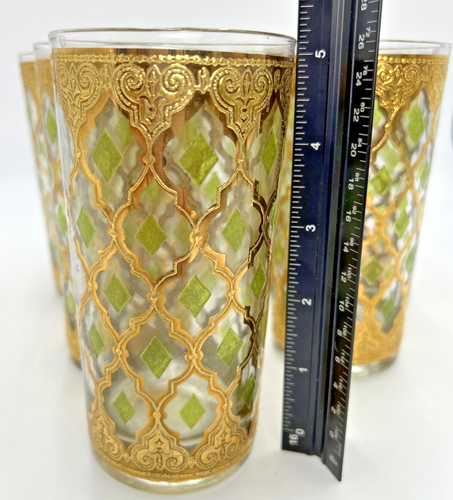8 Vtg Culver Valencia Highball Glass Tumblers MCM 22K Gold Pattern Green Diamond - Picture 5 of 8