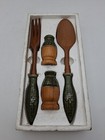 Vintage 10" Salad Servers Ceramic Handles Wood Utensils w/Salt & Pepper Shakers