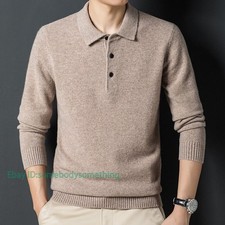 Mens Cashmere Sweater Lapel Pure Wool Spring Sweater Solid Color Shirt