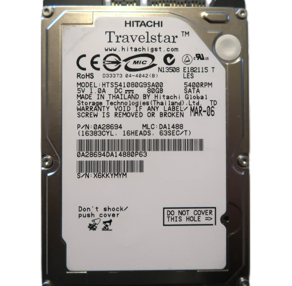 Hitachi HTS541080G9SA00 0A28694 MLC:DA1488 Thailand 2.5" 80gb Sata 5400rpm 2006 - Image 3 of 4