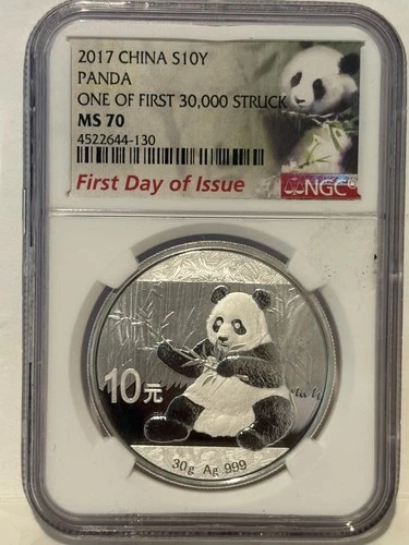 2017 China Panda 30gram .999 Fine Silver Coin NGC MS 70 First Day of Issue.