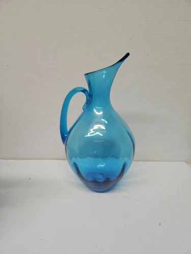 Vintage Blenko Glass Pitcher # 991 Blue Hand Blown Glass