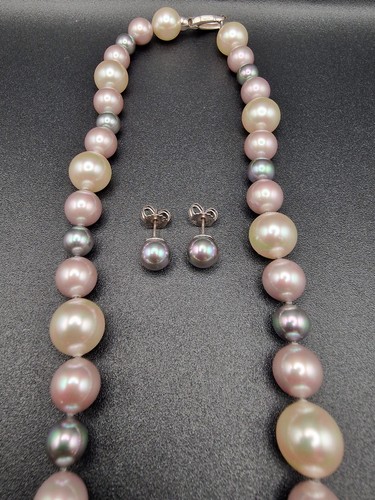 Majorica Pearl Necklace & Earrings 925 Silver Boxed Set Multicolour Large Pearls - Picture 15 of 19