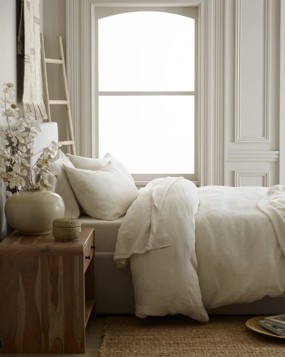 Quince 100% European Linen Mini Stripe Cream White Full Queen Duvet Cover - Picture 2 of 5