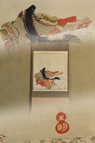Japanese Hanging Scroll Murasaki Shikibu Genji Tale Art Signed Kakejiku with Box
