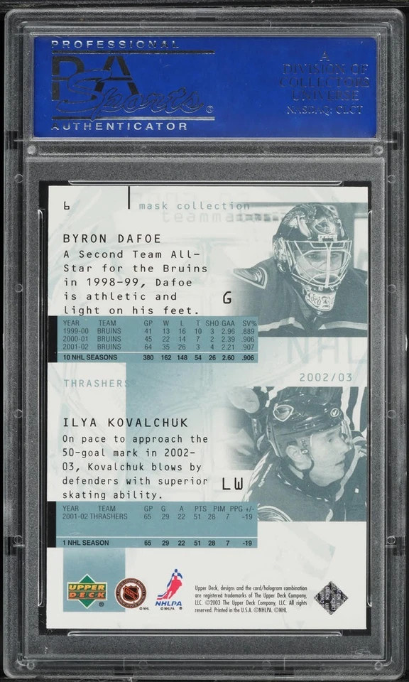 2002 Upper Deck Hockey Card # 6 Byron Dafoe Ilya Kovalchuk MASKS PSA 10 GEM MINT - Image 2 of 2