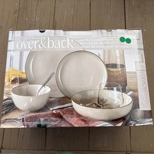 New BEIGE over&back 14 Pc Dinnerware Stoneware Dinner Plate and Bowl Set  -READ