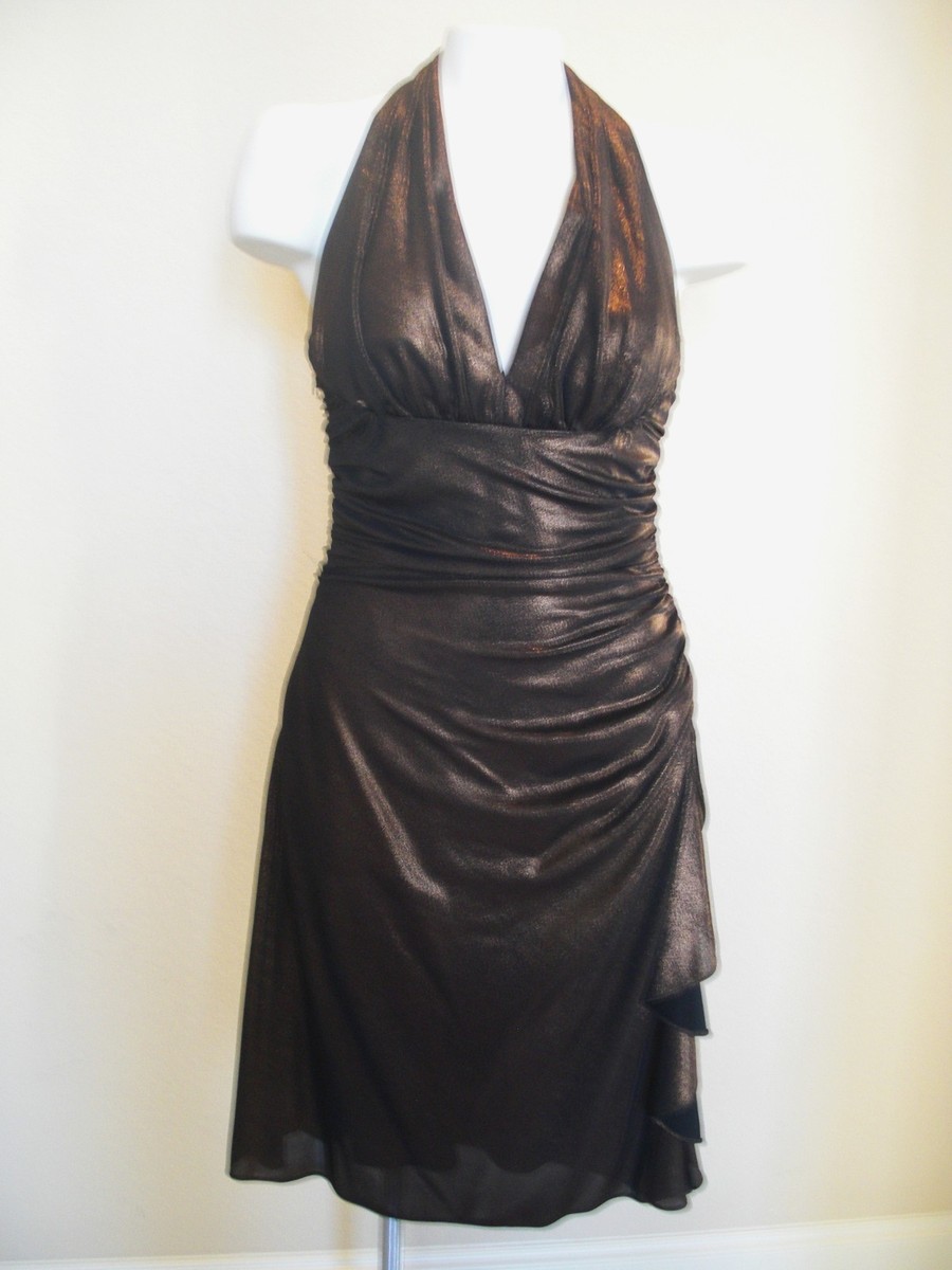 Robe De Soirée Betsy & Adam - Taille 8 - Longueur Genou - Dos Nu Style Halter - Couleur Bronze Métallisé - Neuf Avec étiquettes