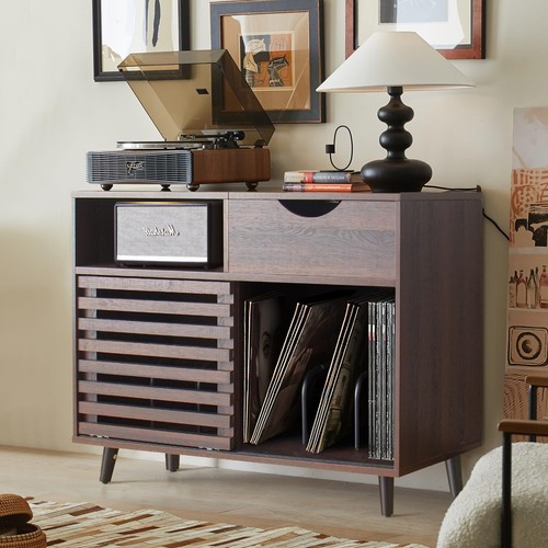 Record Player Stand, Vinyl Record Cabinet with Power Outlet Fluted - Picture 2 of 15
