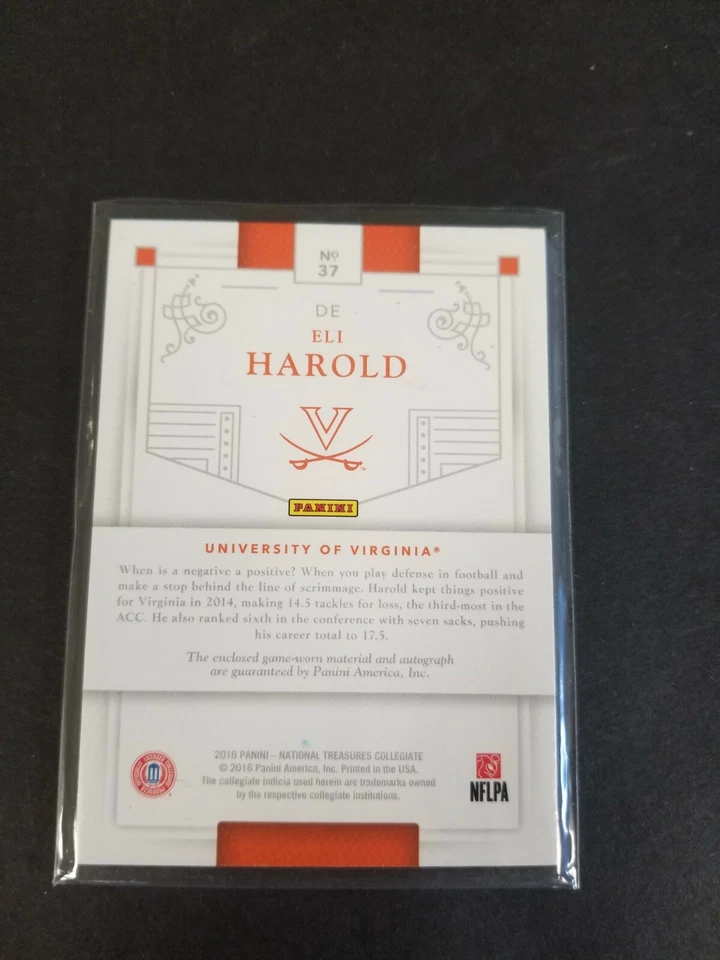 2016 NATIONAL TREASURES COLLEGIATE FB CARD ELI HAROLD #37 AUTO PATCH 47/99 9421 - Image 2 of 2
