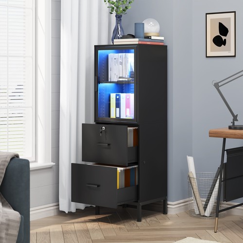 2 Drawer File Cabinet with LED Lights and Acrylic Door for Home Office (Black) - Bild 7 von 12